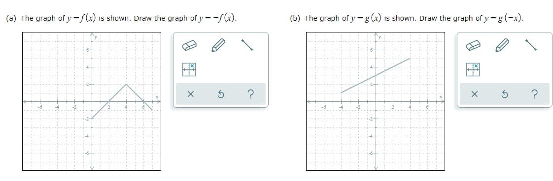 (a) The graph of y=f(x) is shown. Draw the graph of y = -f(x).
2-
2
(b) The graph of y = g(x) is shown. Draw the graph of y = g(-x).
?
-2-