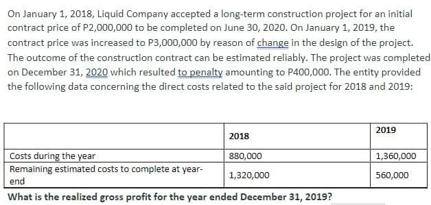 On January 1, 2018, Liquid Company accepted a long-term construction project for an initial
contract price of P2,000,000 to be completed on June 30, 2020. On January 1, 2019, the
contract price was increased to P3,000,000 by reason of change in the design of the project.
The outcome of the construction contract can be estimated reliably. The project was completed
on December 31, 2020 which resulted to penalty amounting to P400,000. The entity provided
the following data concerning the direct costs related to the said project for 2018 and 2019:
2019
2018
Costs during the year
Remaining estimated costs to complete at year-
880,000
1,360,000
1,320,000
560,000
end
What is the realized gross profit for the year ended December 31, 2019?
