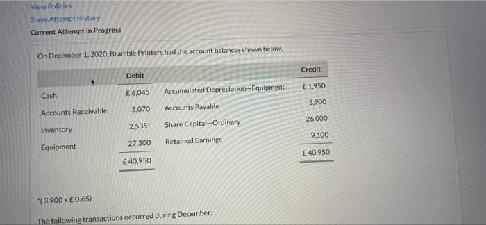 View Policies
Show Attempt History
Current Attempt in Progres
On December 1, 2020, Bramble Printers had the account balances shown below.
Debit
Credit
Cash
£6.045
Accumulated Depreciation-Equipment
€ 1.950
Accounts Receivable
5,070
Accounts Payable
3,900
Inventory
2,535*
Share Capital-Ordinary
26,000
Equipment
27,300
Retained Earnings
9,100
£ 40,950
£ 40,950
(3,900 x£0.65)
The following transactions occurred during December:
