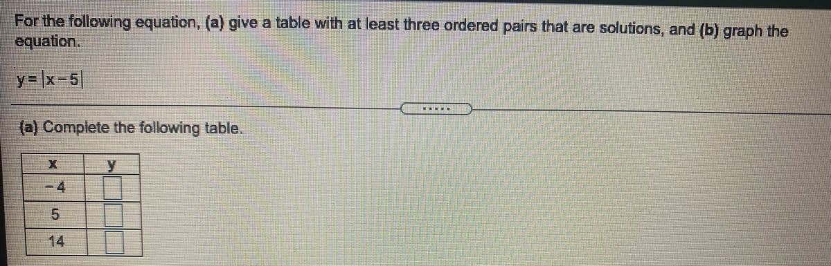 For the following equation, (a) give a table with at least three ordered pairs that are solutions, and (b) graph the
equation.
y= x-5]
(@) Complete the following table
-4
-14
