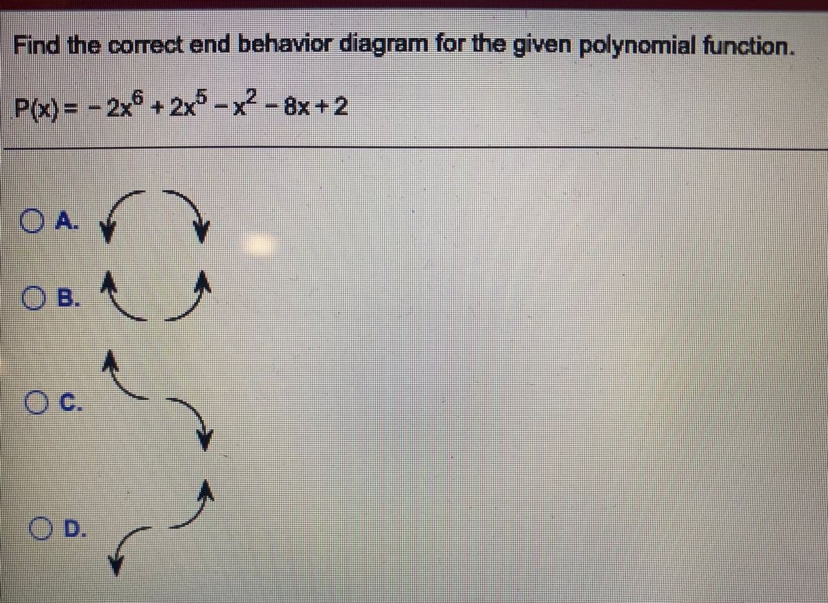 Find the correct end behavior diagram for the given polynomial function.
P(x) = - 2x +2x5 -x² -8x+2
) A.
O B.
Oc.
OD.
