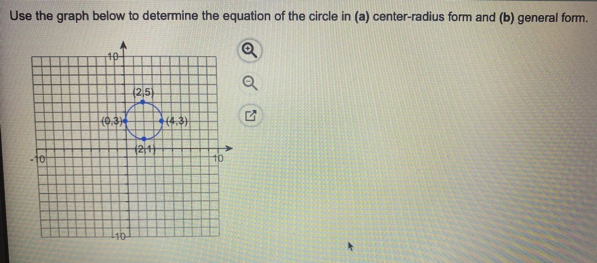 Use the graph below to determine the equation of the circle in (a) center-radius form and (b) general form.
10+
(2,5)
(0,3)
(2,1)
211
121
10
10
10-

