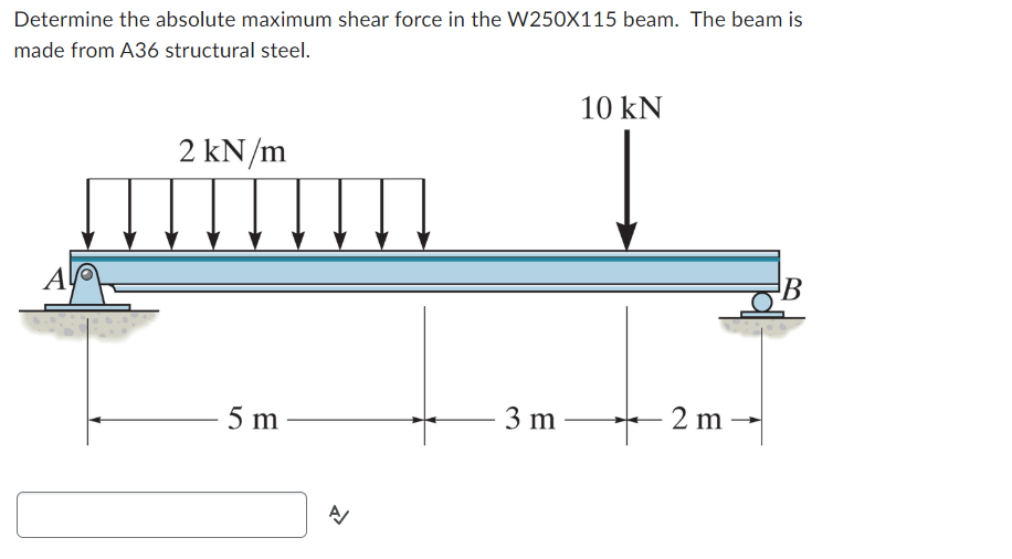 Determine the absolute maximum shear force in the W250X115 beam. The beam is
made from A36 structural steel.
AL
2 kN/m
5 m
A/
3 m
10 kN
- 2 m
B