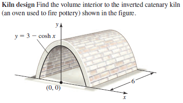 Kiln design Find the volume interior to the inverted catenary kiln
(an oven used to fire pottery) shown in the figure.
yA
y = 3 – cosh x
(0, 0)
