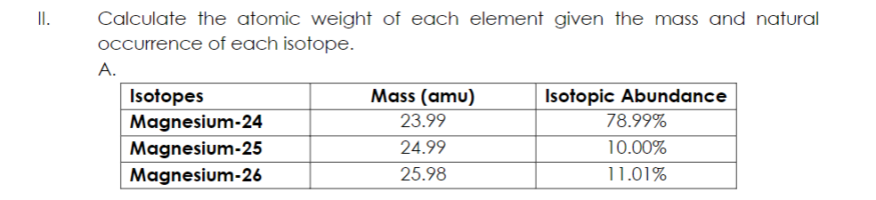 II.
Calculate the atomic weight of each element given the mass and natural
occurrence of each isotope.
A.
Isotopes
Magnesium-24
Magnesium-25
Magnesium-26
Mass (amu)
23.99
24.99
25.98
Isotopic Abundance
78.99%
10.00%
11.01%