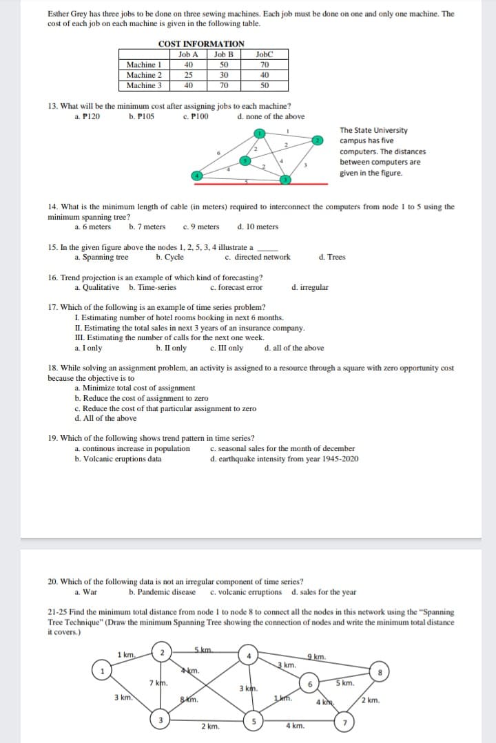 Esther Grey has three jobs to be done on three sewing machines. Each job must be done on one and only one machine. The
cost of each job on each machine is given in the following table.
COST INFORMATION
Job A
Job B
JobC
Мachine I
40
50
70
Machine 2
25
30
40
Machine 3
40
70
50
13. What will be the minimum cost after assigning jobs to each machine?
a. P120
c. P100
b. P105
d. none of the above
The State University
campus has five
computers. The distances
between computers are
given in the figure.
14. What is the minimum length of cable (in meters) required to interconnect the computers from node 1 to 5 using the
minimum spanning tree?
a. 6 meters
b. 7 meters
c. 9 meters
d. 10 meters
15. In the given figure above the nodes 1, 2, 5, 3, 4 illustrate a
b. Cycle
c. directed network
a. Spanning tree
d. Trees
16. Trend projection is an example of which kind of forecasting?
c. forecast error
d. irregular
a. Qualitative b. Time-series
17. Which of the following is an example of time series problem?
I. Estimating number of hotel rooms booking in next 6 months.
II. Estimating the total sales in next 3 years of an insurance company.
III. Estimating the number of calls for the next one week.
b. II only
a. I only
c. III only
d. all of the above
18. While solving an assignment problem, an activity is assigned to a resource through a square with zero opportunity cost
because the objective is to
a. Minimize total cost of assignment
b. Reduce the cost of assignment to zero
c. Reduce the cost of that particular assignment to zero
d. All of the above
19. Which of the following shows trend pattern in time series?
a. continous increase in population
b. Volcanic eruptions data
c. seasonal sales for the month of december
d. earthquake intensity from year 1945-2020
20. Which of the following data is not an irregular component of time series?
b. Pandemic disease c. volcanic erruptions d. sales for the year
a. War
21-25 Find the minimum total distance from node 1 to node 8 to connect all the nodes in this network using the "Spanning
Tree Technique" (Draw the minimum Spanning Tree showing the connection of nodes and write the minimum total distance
it covers.)
S km.
2
1 km.
9 km.
3 km.
m.
7 km.
5 km.
3 km.
3 km.
8Km.
km.
4 kh.
2 km.
5
2 km.
4 km.
