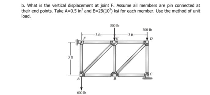 b. What is the vertical displacement at joint F. Assume all members are pin connected at
their end points. Take A=0.5 in? and E=29(10³) ksi for each member. Use the method of unit
load.
500 Ib
300 lb
-3 ft-
3 ft-
3't
600 Ib
