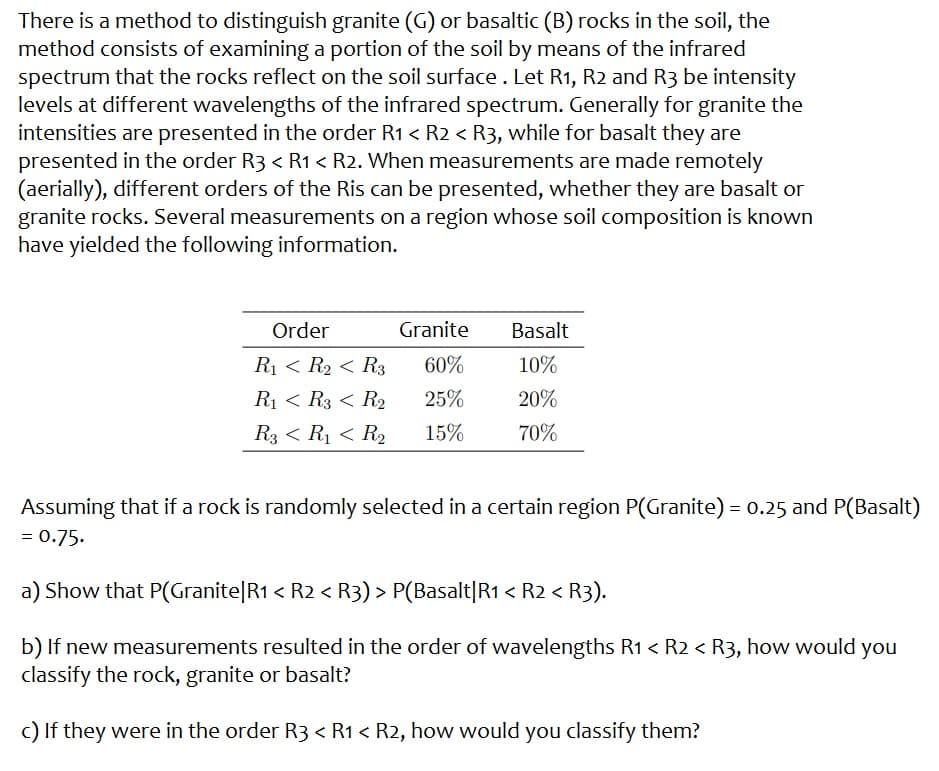 There is a method to distinguish granite (G) or basaltic (B) rocks in the soil, the
method consists of examining a portion of the soil by means of the infrared
spectrum that the rocks reflect on the soil surface. Let R1, R2 and R3 be intensity
levels at different wavelengths of the infrared spectrum. Generally for granite the
intensities are presented in the order R1 < R2 < R3, while for basalt they are
presented in the order R3 < R₁1 < R2. When measurements are made remotely
(aerially), different orders of the Ris can be presented, whether they are basalt or
granite rocks. Several measurements on a region whose soil composition is known
have yielded the following information.
Order
Granite
R₁ R₂ R3 60%
R₁ < R3 < R₂
25%
R3 < R₁ < R₂
15%
Basalt
10%
20%
70%
Assuming that if a rock is randomly selected in a certain region P(Granite) = 0.25 and P(Basalt)
= 0.75.
a) Show that P(Granite|R1 < R2 < R3) > P(Basalt|R1 < R2 < R3).
b) If new measurements resulted in the order of wavelengths R1 < R2 < R3, how would you
classify the rock, granite or basalt?
c) If they were in the order R3 < R₁1 < R2, how would you classify them?