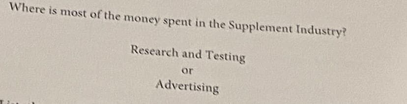 Where is most of the money spent in the Supplement Industry?
Research and Testing
or
Advertising
