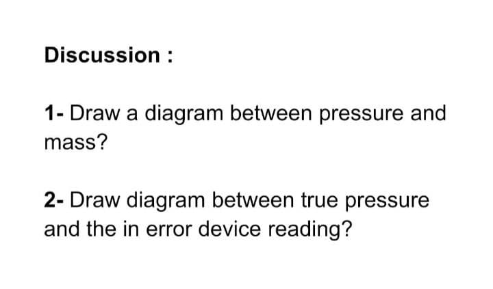 Discussion :
1- Draw a diagram between pressure and
mass?
2- Draw diagram between true pressure
and the in error device reading?
