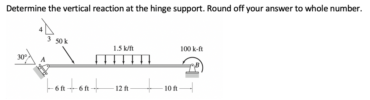 Determine the vertical reaction at the hinge support. Round off your answer to whole number.
3
50 k
1.5 k/ft
100 k-ft
30°,
\B
Lontont
6 ft
6 ft
12 ft
10 ft
