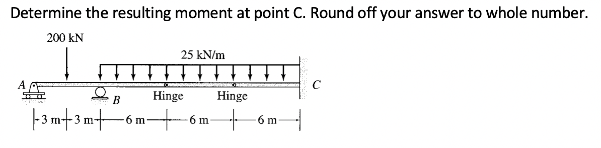 Determine the resulting moment at point C. Round off your answer to whole number.
200 kN
25 kN/m
A
В
Hinge
Hinge
|3 m+3
- 3 m-6m 6 m-
6 m
