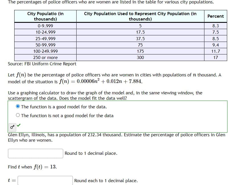 The percentages of police officers who are women are listed in the table for various city populations.
City Populatio (in
thousands)
City Population Used to Represent City Population (in
thousands)
Percent
0-9.999
5
8.3
10-24.999
17.5
7.5
25-49.999
37.5
8.5
50-99.999
75
9.4
100-249.999
175
11.7
250 or more
300
17
Source: FBI Uniform Crime Report
Let f(n) be the percentage of police officers who are women in cities with populations of n thousand. A
model of the situation is f(n) = 0.00006n2 + 0.012n + 7.884.
Use a graphing calculator to draw the graph of the model and, in the same viewing window, the
scattergram of the data. Does the model fit the data well?
The function is a good model for the data.
O The function is not a good model for the data
Glen Ellyn, Illinois, has a population of 232.34 thousand. Estimate the percentage of police officers in Glen
Ellyn who are women.
Round to 1 decimal place.
Find t when f(t) = 13.
t =
Round each to 1 decimal place.
