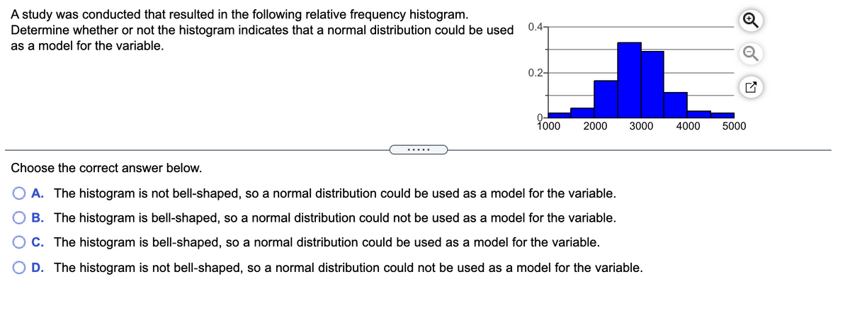 A study was conducted that resulted in the following relative frequency histogram.
Determine whether or not the histogram indicates that a normal distribution could be used
0.4-
as a model for the variable.
0.2-
Y00
2000
3000
4000
5000
Choose the correct answer below.
A. The histogram is not bell-shaped, so a normal distribution could be used as a model for the variable.
O B. The histogram is bell-shaped, so a normal distribution could not be used as a model for the variable.
C. The histogram is bell-shaped, so a normal distribution could be used as a model for the variable.
D. The histogram is not bell-shaped, so a normal distribution could not be used as a model for the variable.
