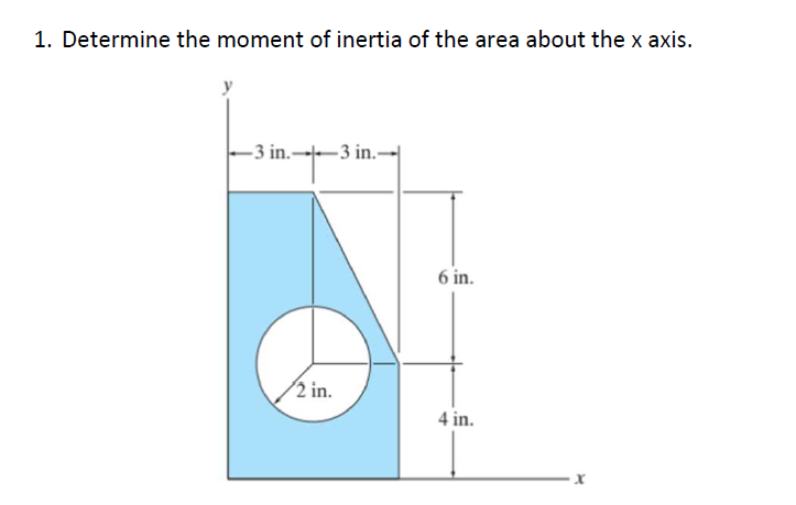 1. Determine the moment of inertia of the area about the x axis.
-3 in.--3 in.-
/2 in.
6 in.
4 in.
X