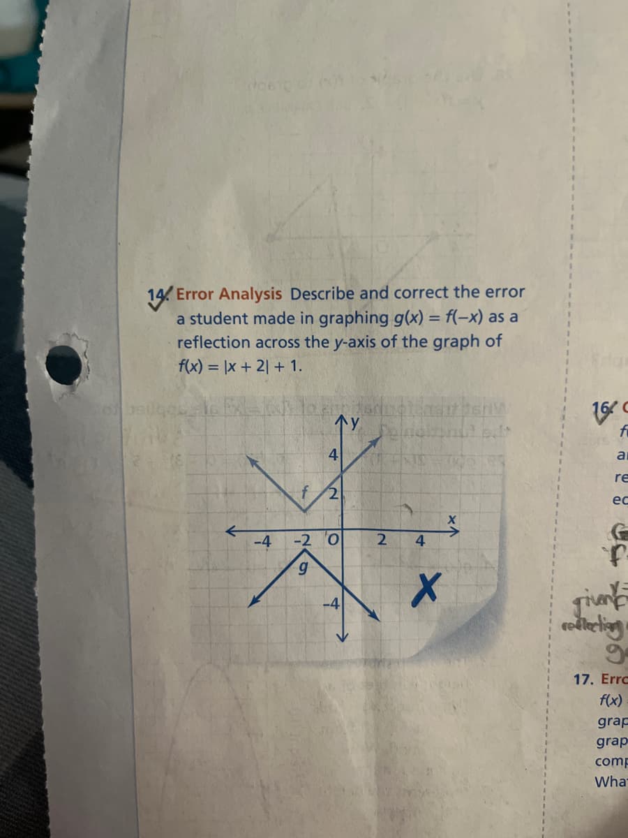 14 Error Analysis Describe and correct the error
a student made in graphing g(x) = f(-x) as a
reflection across the y-axis of the graph of
f(x) = x + 2 + 1.
-4
4
f/2
-2 0
g
-4
TXIE
2 4
*
X
16 c
a
re
ec
T-
riven
collecting
g
17. Errc
f(x)
grap
grap
comp
What