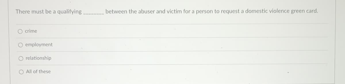 There must be a qualifying
O crime
O employment
O relationship
O All of these
between the abuser and victim for a person to request a domestic violence green card.