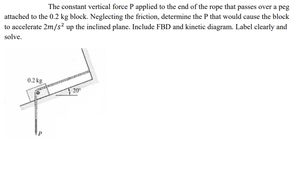 The constant vertical force P applied to the end of the rope that passes over a peg
attached to the 0.2 kg block. Neglecting the friction, determine the P that would cause the block
to accelerate 2m/s² up the inclined plane. Include FBD and kinetic diagram. Label clearly and
solve.
0.2 kg
यय्वक
200
