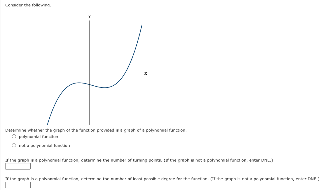 Consider the following.
y
X
Determine whether the graph of the function provided is a graph of a polynomial function.
O polynomial function
O not a polynomial function
If the graph is a polynomial function, determine the number of turning points. (If the graph is not a polynomial function, enter DNE.)
If the graph is a polynomial function, determine the number of least possible degree for the function. (If the graph is not a polynomial function, enter DNE.)
