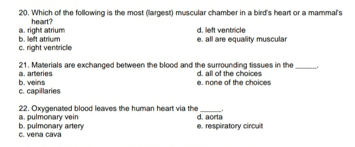 20. Which of the following is the most (largest) muscular chamber in a bird's heart or a mammal's
heart?
a. right atrium
b. left atrium
c. right ventricle
d. left ventricle
e. all are equality muscular
21. Materials are exchanged between the blood and the surrounding tissues in the_
a. arteries
b. veins
d. all of the choices
e. none of the choices
c. capillaries
22. Oxygenated blood leaves the human heart via the
a. pulmonary vein
b. pulmonary artery
c. vena cava
d. aorta
e. respiratory circuit
