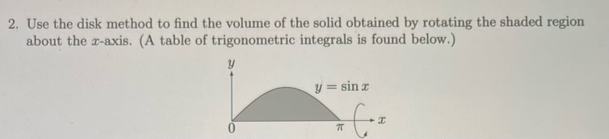 2. Use the disk method to find the volume of the solid obtained by rotating the shaded region
about the r-axis. (A table of trigonometric integrals is found below.)
y = sin x
