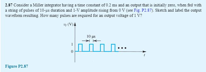 2.87 Consider a Miller integrator having a time constant of 0.2 ms and an output that is initially zero, when fed with
a string of pulses of 10-us duration and 1-V amplitude rising from 0 V (see Fig. P2.87). Sketch and label the output
waveform resulting. How many pulses are required for an output voltage of 1 V?
v, (V)A
10 με
