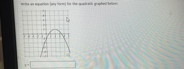 Write an equation (any form) for the quadratic graphed below:
5+
4-
2-
-3 -4 -3 -2
y=
