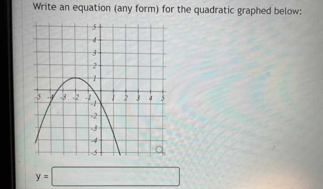 Write an equation (any form) for the quadratic graphed below:
5+
-3 -2
y =

