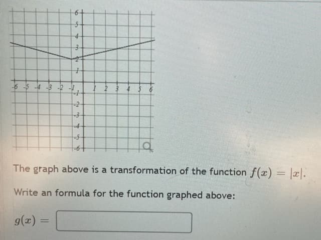 6+
-6 -5 -4 -3 -2
The graph above is a transformation of the function f(x) = |x|.
Write an formula for the function graphed above:
g(z) =
