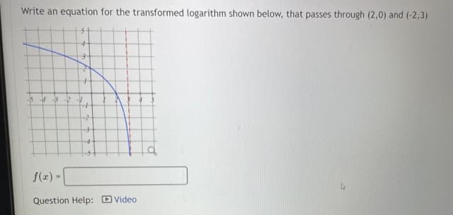 Write an equation for the transformed logarithm shown below, that passes through (2,0) and (-2,3)
-5 -3 R
-2
f(x) -
Question Help: D Video
