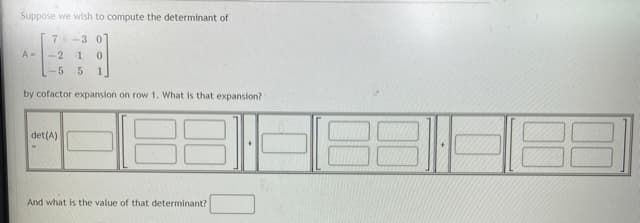 Suppose we wish to compute the determinant of
7-3 0
A--2 1
-5
1
by cofactor expansion on row 1. What is that expansion?
det(A)
And what is the value of that determinant?
