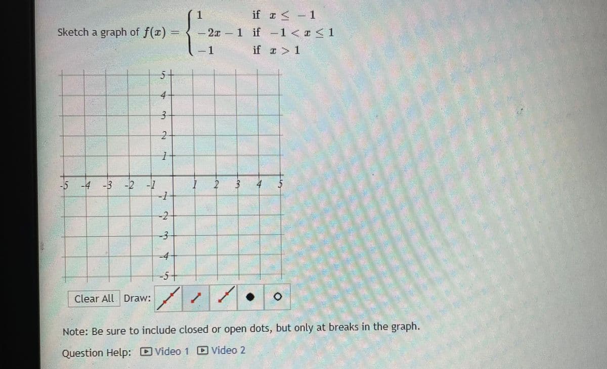 if a - 1
if -1 < a <1
1
Sketch a graph of f(r) =
if a> 1
5+
4-
4.
5-4
-2 -7
-
-3
-2
-4
-5+
Clear All Draw:
Note: Be sure to include closed or open dots, but only at breaks in the graph.
Question Help:
DVideo 1 D Video 2
