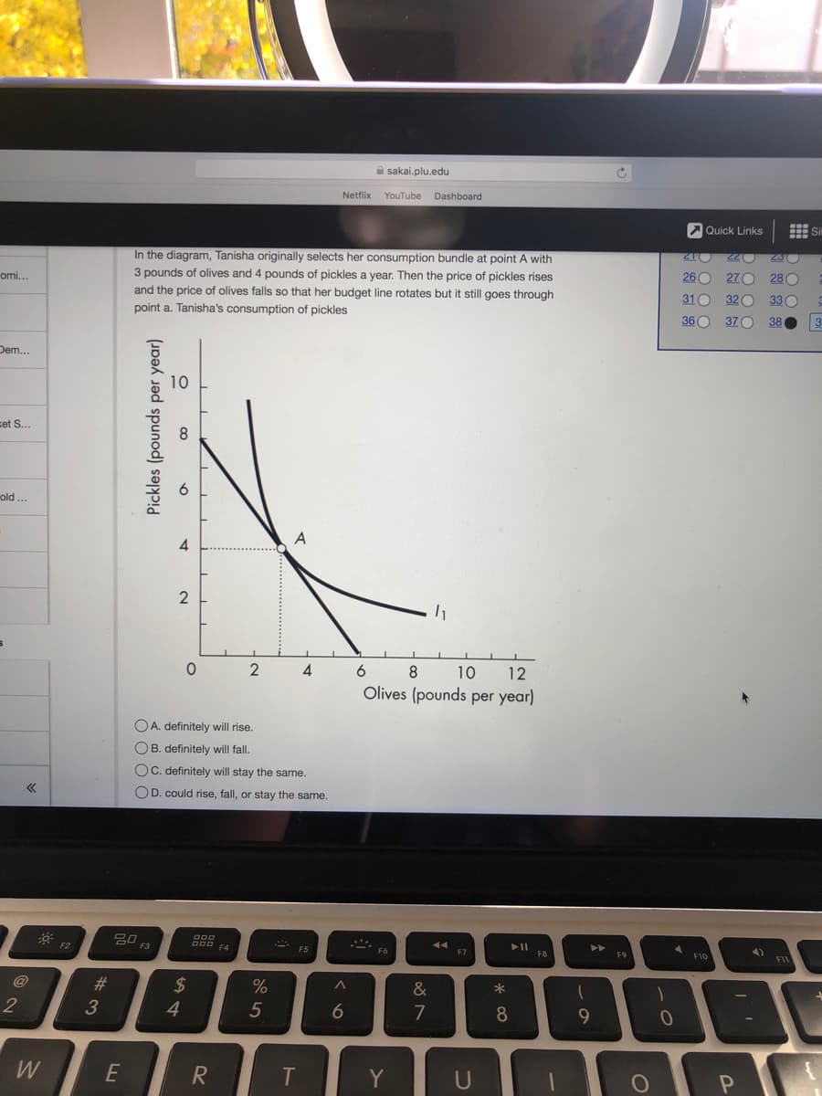 A sakai.plu.edu
Netflix
YouTube
Dashboard
Quick Links
In the diagram, Tanisha originally selects her consumption bundle at point A with
3 pounds of olives and 4 pounds of pickles a year. Then the price of pickles rises
and the price of olives falls so that her budget line rotates but it still goes through
230
omi...
260
270
280
310
320
33C
point a. Tanisha's consumption of pickles
36C
370
38
Dem...
zet S...
old ..
2
2
4
6.
8.
10
12
Olives (pounds per year)
OA. definitely will rise.
OB. definitely will fall.
OC. definitely will stay the same.
OD. could rise, fall, or stay the same.
F2
F3
000 F4
F5
F7
F8
F9
4)
F10
FII
@
#3
24
4
%
&
*
2
3
5
6
7
9.
W
E
Y
Pickles (pounds per year)
