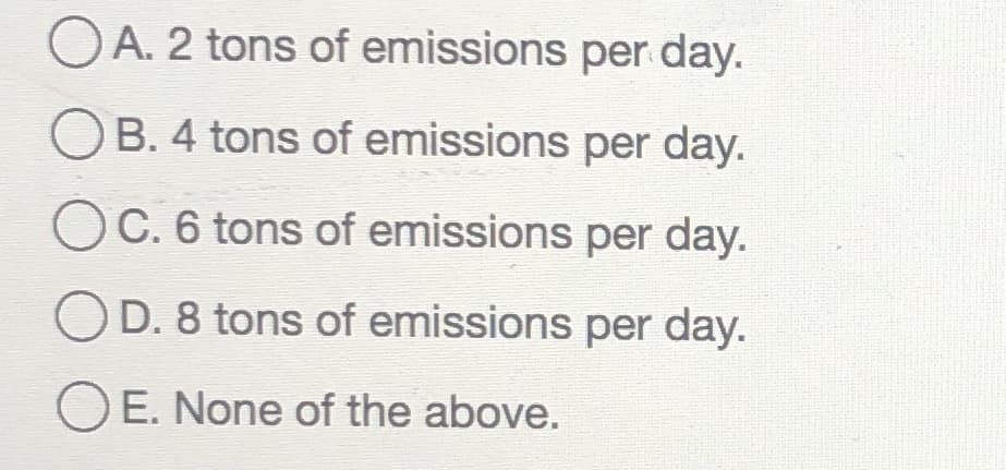 OA. 2 tons of emissions per day.
B. 4 tons of emissions per day.
OC. 6 tons of emissions per day.
OD. 8 tons of emissions per day.
O E. None of the above.
