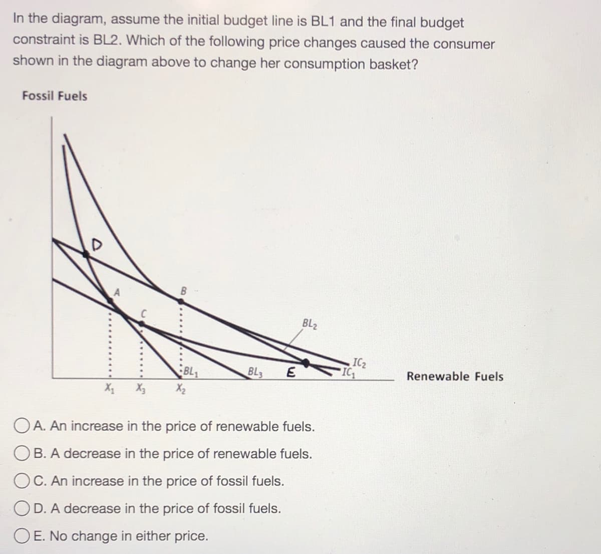 In the diagram, assume the initial budget line is BL1 and the final budget
constraint is BL2. Which of the following price changes caused the consumer
shown in the diagram above to change her consumption basket?
Fossil Fuels
B.
BL2
IC2
BL1
X2
BL3
Renewable Fuels
O A. An increase in the price of renewable fuels.
B. A decrease in the price of renewable fuels.
OC. An increase in the price of fossil fuels.
OD. A decrease in the price of fossil fuels.
OE. No change in either price.
