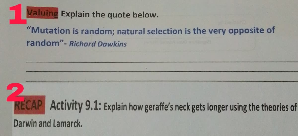 1
Valuing Explain the quote below.
"Mutation is random; natural selection is the very opposite of
random"- Richard Dawkins
2.
RECAP Activity 9.1: Explain how geraffe's neck gets longer using the theories of
Darwin and Lamarck.
