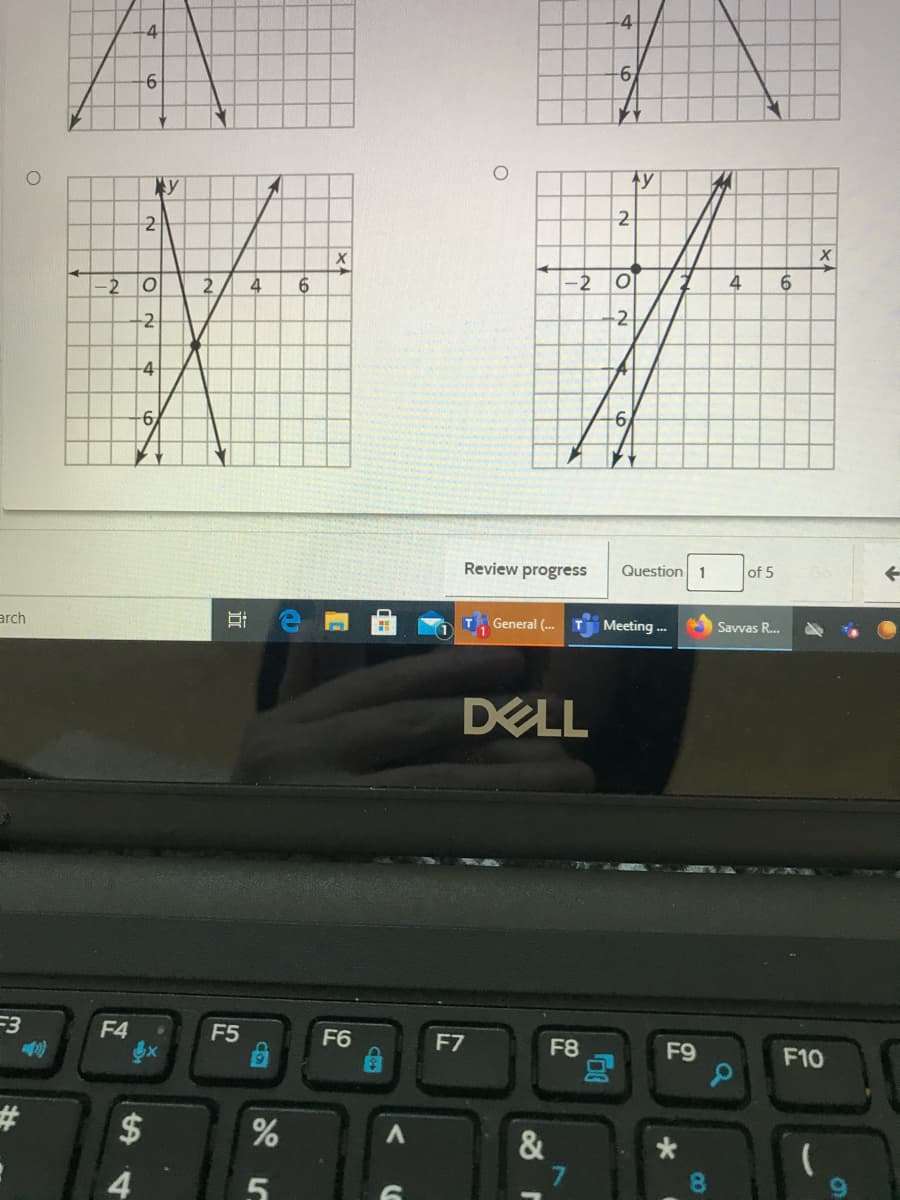 -4
-4
ty
2
-2 0
2.
6.
-2
4
6.
-2
-2
4
6,
-6
Review progress
Question 1
of 5
arch
General (.
Meeting .-.
Savvas R...
DELL
F3
F4
F5
F6
F7
F8
F9
F10
%23
$
&
4
8.
63
近
