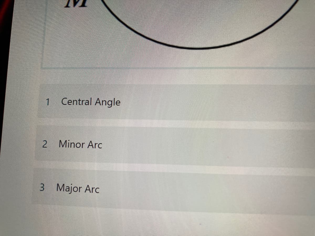 1 Central Angle
Minor Arc
3 Major Arc
