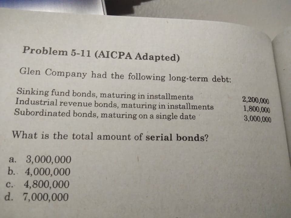 Problem 5-11 (AICPA Adapted)
Glen Company had the following long-term debt:
Sinking fund bonds, maturing in installments
Industrial revenue bonds, maturing in installments
Subordinated bonds, maturing on a single date
2,200,000
1,800,000
3,000,000
What is the total amount of serial bonds?
a. 3,000,000
b. 4,000,000
c. 4,800,000
d. 7,000,000
