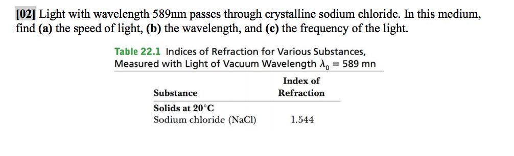 [02] Light with wavelength 589nm passes through crystalline sodium chloride. In this medium,
find (a) the speed of light, (b) the wavelength, and (c) the frequency of the light.
Table 22.1 Indices of Refraction for Various Substances,
Measured with Light of Vacuum Wavelength d, = 589 mn
Index of
Substance
Refraction
Solids at 20°C
Sodium chloride (NaCl)
1.544
