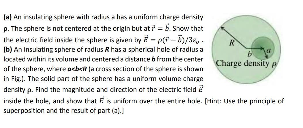 (a) An insulating sphere with radius a has a uniform charge density
p.
The sphere is not centered at the origin but at i = b. Show that
the electric field inside the sphere is given by E = p(* – b)/3ɛ, .
(b) An insulating sphere of radius R has a spherical hole of radius a
R
located within its volume and centered a distance b from the center
Charge density p
of the sphere, where a<b<R (a cross section of the sphere is shown
in Fig.). The solid part of the sphere has a uniform volume charge
density p. Find the magnitude and direction of the electric field E
inside the hole, and show that E is uniform over the entire hole. [Hint: Use the principle of
superposition and the result of part (a).]
