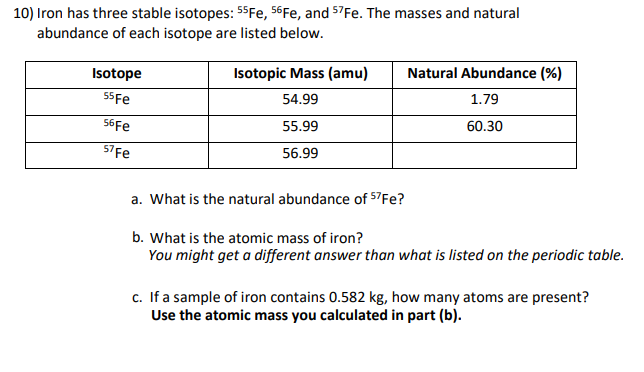 10) Iron has three stable isotopes: 55Fe, 56FE, and 57Fe. The masses and natural
abundance of each isotope are listed below.
Isotope
Isotopic Mass (amu)
Natural Abundance (%)
55Fe
54.99
1.79
56FE
55.99
60.30
57Fe
56.99
a. What is the natural abundance of 57Fe?
b. What is the atomic mass of iron?
You might get a different answer than what is listed on the periodic table.
c. If a sample of iron contains 0.582 kg, how many atoms are present?
Use the atomic mass you calculated in part (b).
