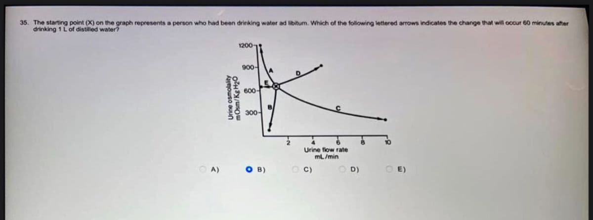 35. The starting point (X) on the graph represents a person who had been drinking water ad libitum. Which of the following lettered arrows indicates the change that will occur 60 minutes after
drinking 1 L of distilled water?
A)
1200
Urine osmolality
mOsm/Kg H₂O
900-
600-
300-
A
E
COT
SO B)
Urine flow rate
mL/min
C)
D)
E)