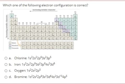 Which one of the following electron configuration is correct?
INng me characer
14
No
Al
Ca
Ga
Ge
To
GAT
O a. Chlorine: 1s²2s²2p$3s?3p3
O b. Iron: 15°25 2pʻ3d°3p$4s?3d6
O. Oxygen: 15²2s²2p5
O d. Bromine: 1525²2p63s²3d64s²3d104p5
Incing metle chura
aaa
