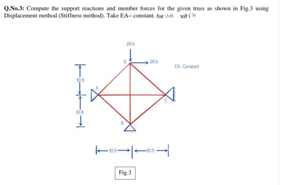 Q.No.3: Compute the support reactions and member forces for the given truss as shown in Fig.3 using
Displacement method (Stiffness method). Take EA= constant. for Ant 10) ( Ik
20 k
20 k
EA= Constant
10 ft
10 ft
B
Fig.3
