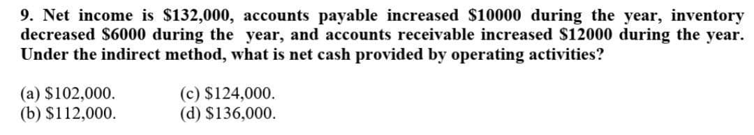 9. Net income is $132,000, accounts payable increased $10000 during the year, inventory
decreased $6000 during the year, and accounts receivable increased $12000 during the year.
Under the indirect method, what is net cash provided by operating activities?
(a) $102,000.
(b) $112,000.
(c) $124,000.
(d) $136,000.
