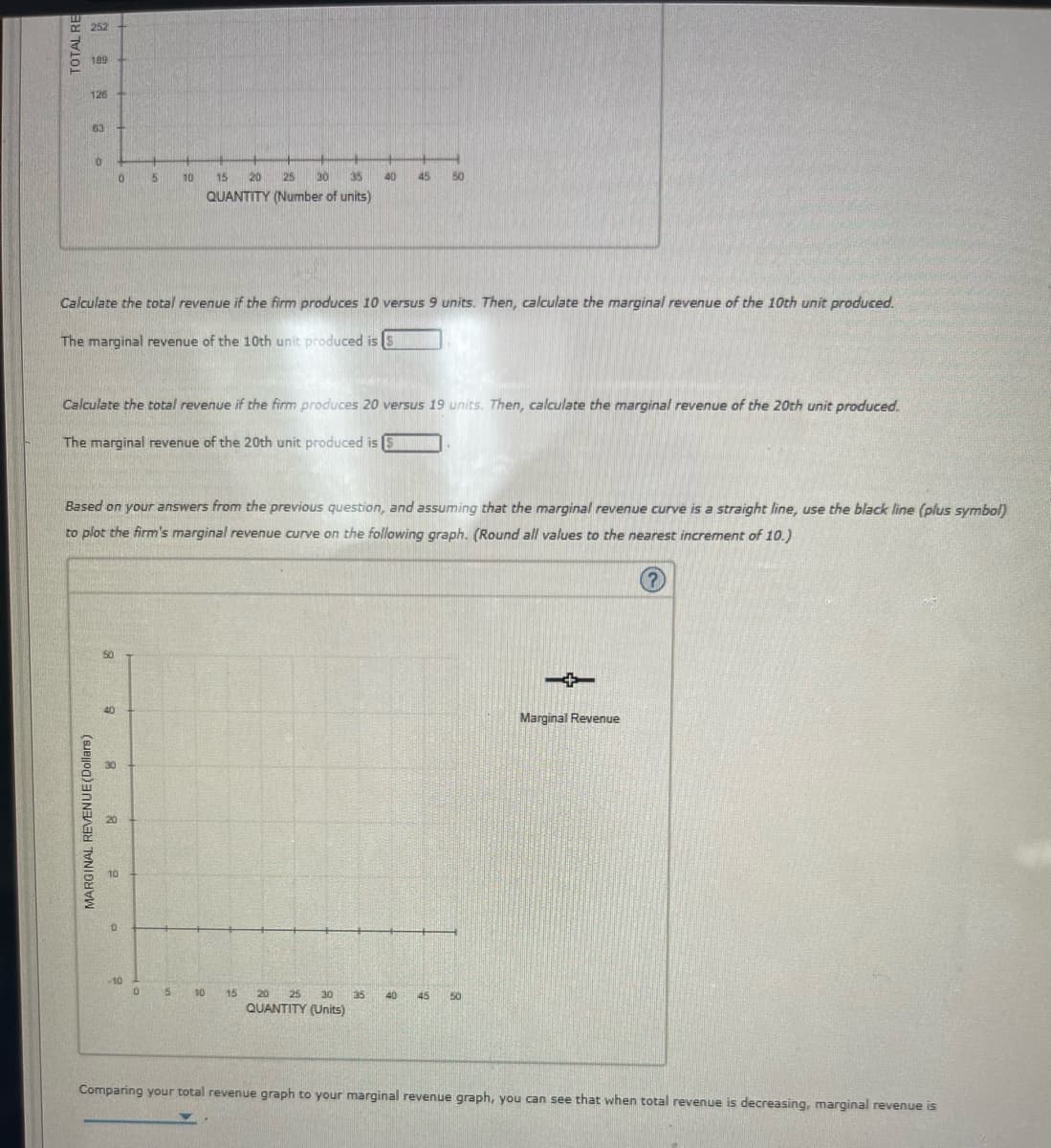 TOTAL RE
189
126
63
10
0
5
40 45 50
15 20 25 30 35
QUANTITY (Number of units)
Calculate the total revenue if the firm produces 10 versus 9 units. Then, calculate the marginal revenue of the 10th unit produced.
The marginal revenue of the 10th unit produced is S
Calculate the total revenue if the firm produces 20 versus 19 units. Then, calculate the marginal revenue of the 20th unit produced.
The marginal revenue of the 20th
iced
Based on your answers from the previous question, and assuming that the marginal revenue curve is a straight line, use the black line (plus symbol)
to plot the firm's marginal revenue curve on the following graph. (Round all values to the nearest increment of 10.)
-+
40
Marginal Revenue
0 5 10
40 45 50
15 20 25 30
QUANTITY (Units)
Comparing your total revenue graph to your marginal revenue graph, you can see that when total revenue is decreasing, marginal revenue is
MARGINAL REVENUE (Dollars)
8
0
-10
10