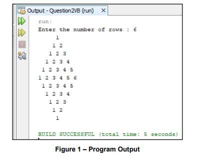 E Output - Question2VB (run) x
run:
DD
Enter the number of rows : 6
1
1 2
12 3
123 4
1 2 3 4 5
1 2 3 45 6
1 2 3 45
1 2 3 4
1 2 3
1 2
BUILD SUCCESSFUL (total time: 5 seconds)
Figure 1- Program Output
