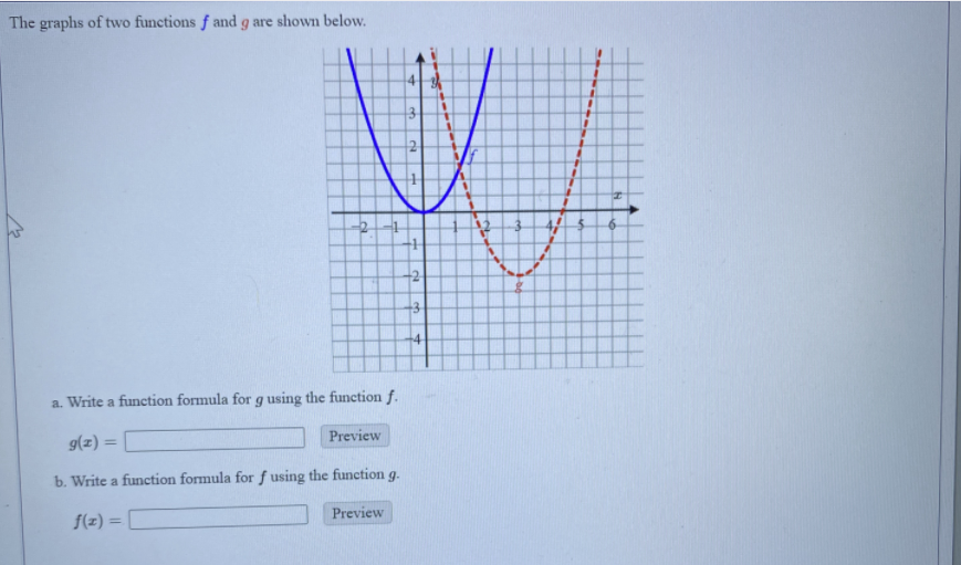 The graphs of two functions f and g are shown below.
4
%3D
3
-2
+3
+4
a. Write a function formula for g using the function f.
= (z)6
b. Write a function formula for f using the function g.
%3D
Preview
f(z) =
Preview
%3D

