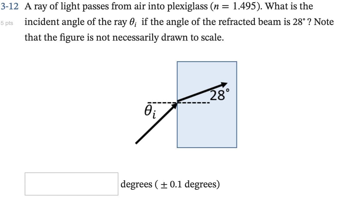 3-12 A ray of light passes from air into plexiglass (n = 1.495). What is the
5 pts
incident angle of the ray 0; if the angle of the refracted beam is 28° ? Note
that the figure is not necessarily drawn to scale.
28°
degrees ( +0.1 degrees)
